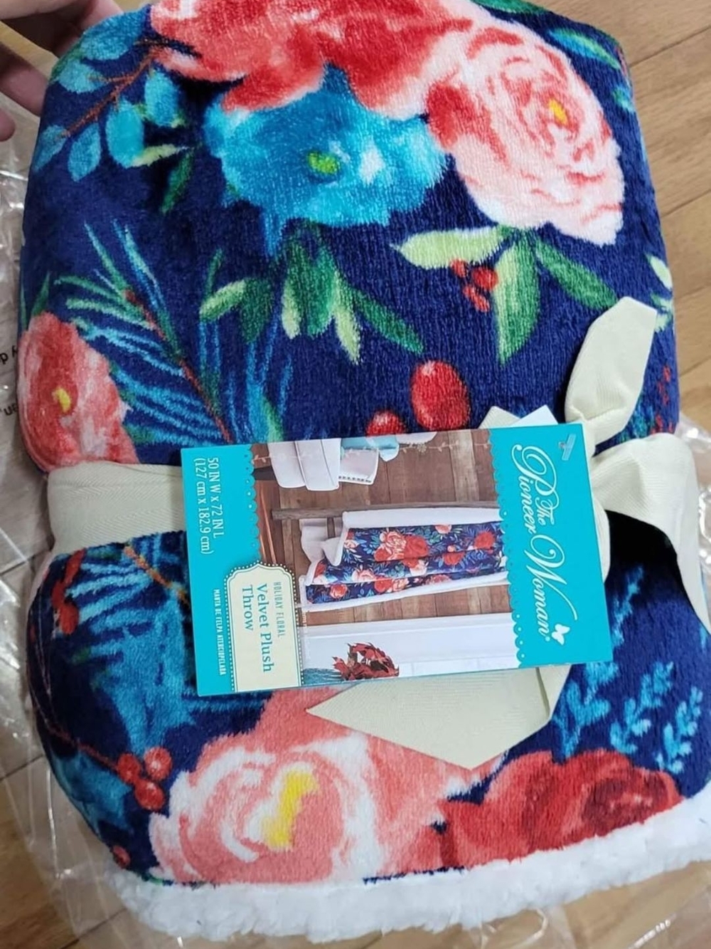 The Pioneer Woman Navy Floral Velvet Plush Throw Blanket with Pink & Blue Blooms